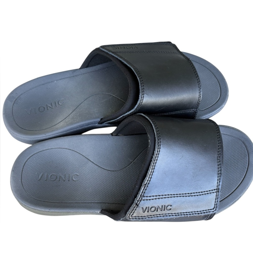 Men’s Vionic Stanley Black Leather Slide Sandals
